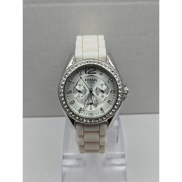 Fossil Riley Womens 40mm Watch White Silicone Glitz Bezel Quartz New Battery WR - Picture 1 of 10